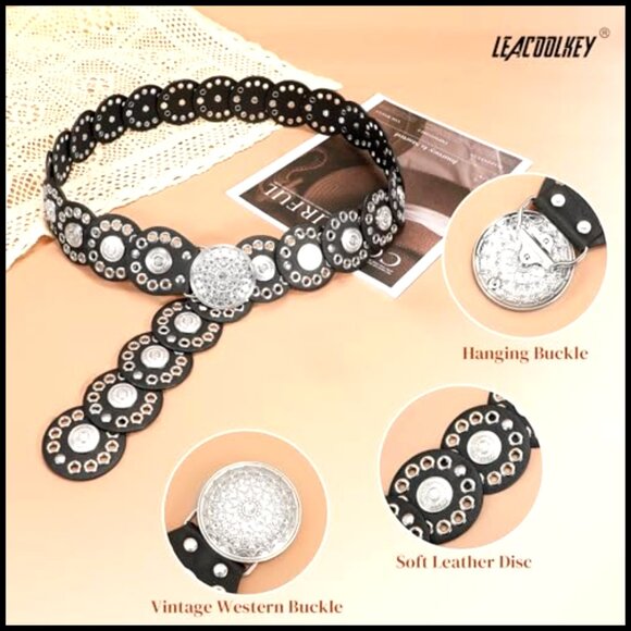 Western Leather Belt Vintage Boho Concho Hollow Disc Y2K Chic Waist Accessory main image 6